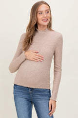 Mocha Lettuce Edge Mock Neck Long Sleeve Rib Maternity Top