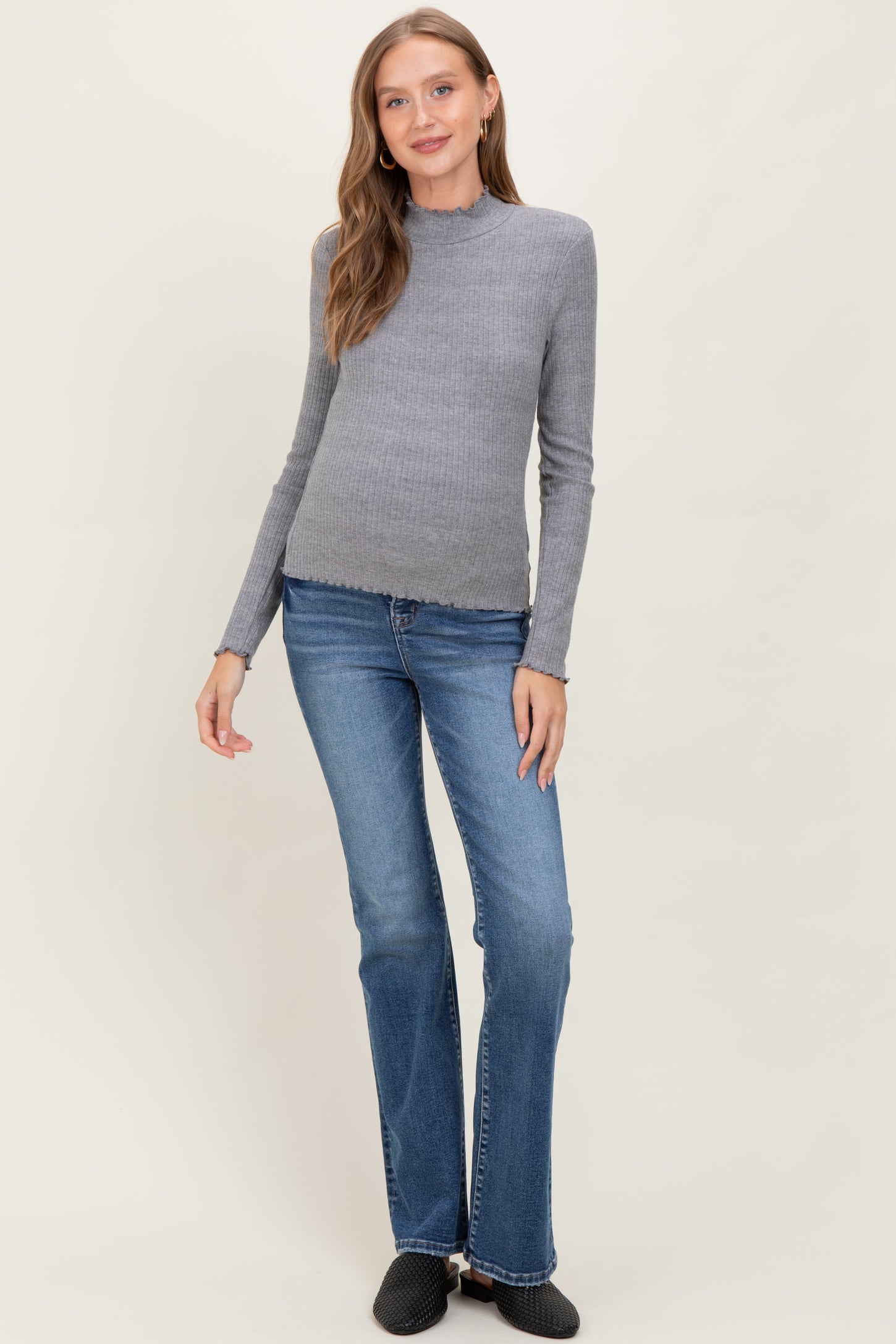 Gray Lettuce Edge Mock Neck Long Sleeve Rib Maternity Top