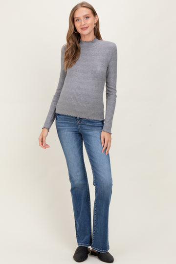 Gray Lettuce Edge Mock Neck Long Sleeve Rib Maternity Top