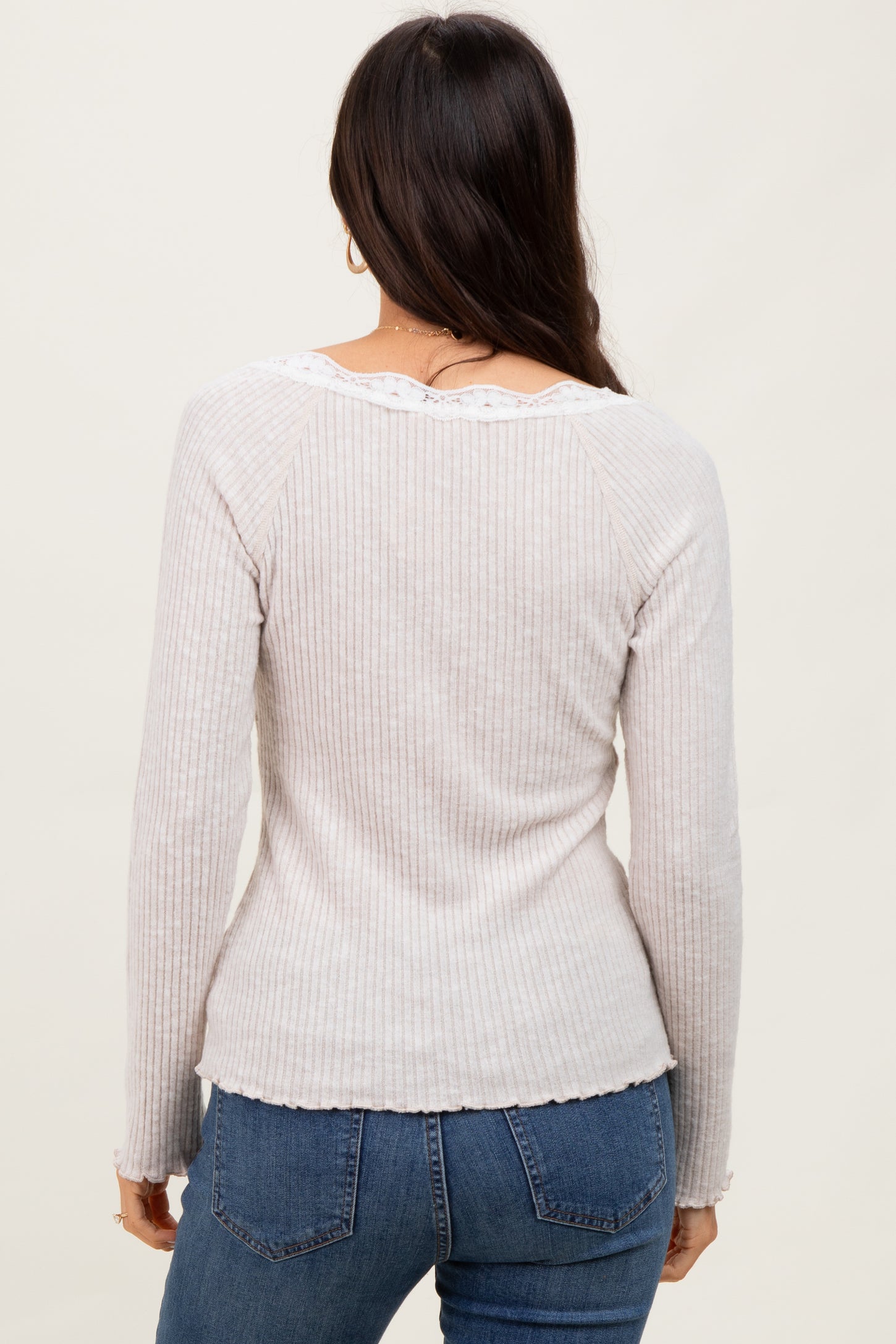 Beige Brushed Rib Lace Trimmed Henley Top