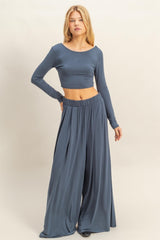 Blue Long-Sleeve Crop Top And Maxi Pants Maternity Set