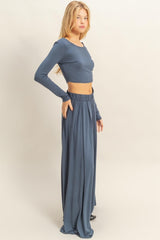 Blue Long-Sleeve Crop Top And Maxi Pants Set