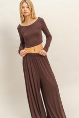 Brown Long-Sleeve Crop Top And Maxi Pants Set