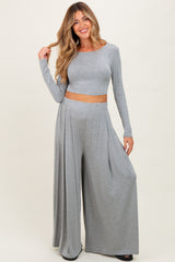 Heather Gray Long-Sleeve Crop Top And Maxi Pants Maternity Set