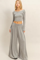 Heather Gray Long-Sleeve Crop Top And Maxi Pants Set