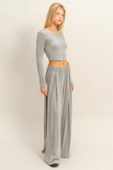 Heather Gray Long-Sleeve Crop Top And Maxi Pants Set