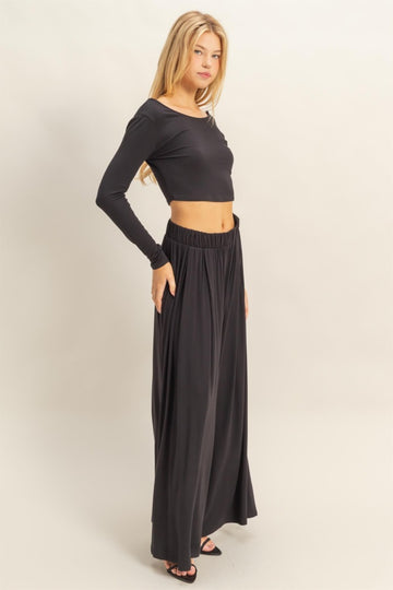 Black Long-Sleeve Crop Top And Maxi Pants Set