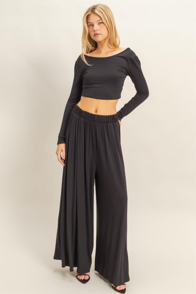 Black Long-Sleeve Crop Top And Maxi Pants Set