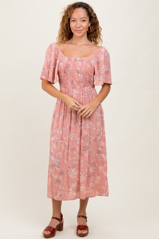 Pink Floral Smocked Midi Dress
