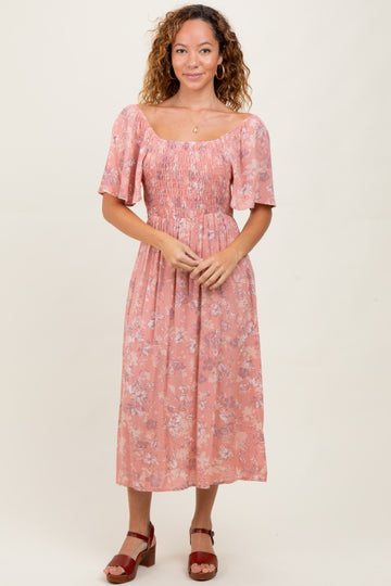Pink Floral Smocked Midi Dress