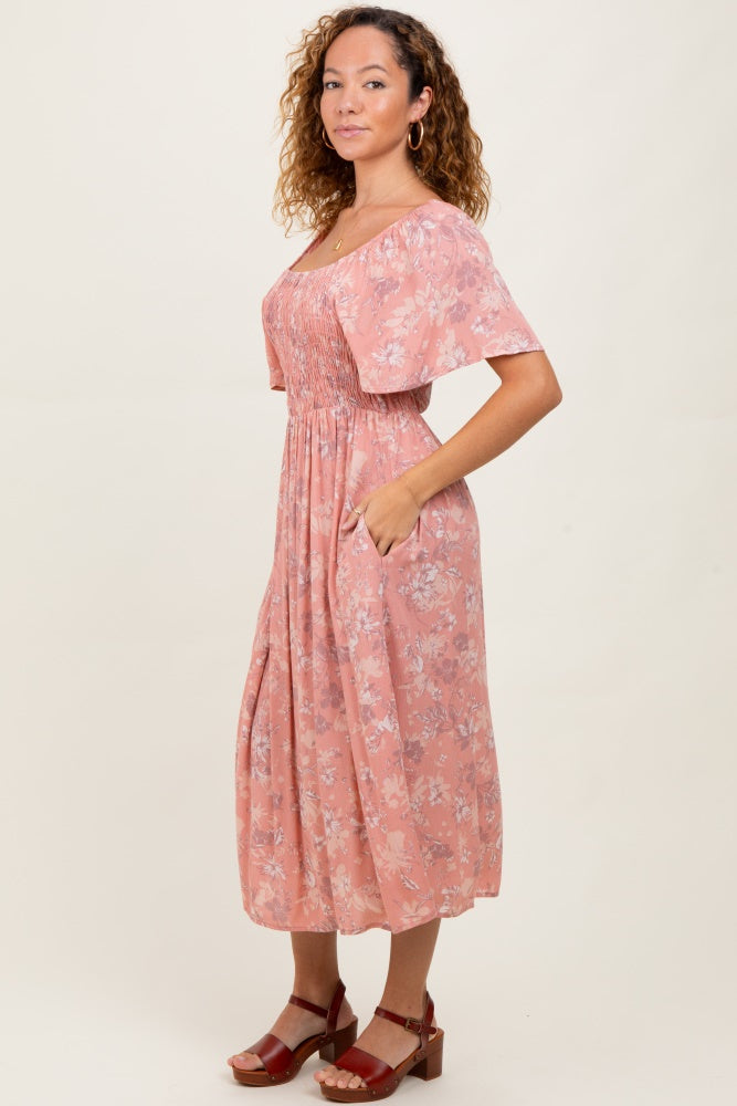 Pink Floral Smocked Midi Dress