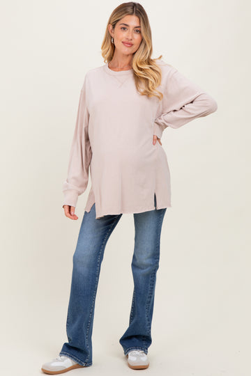 Beige Mineral Washed Drop Shoulder Long Sleeve Maternity Top