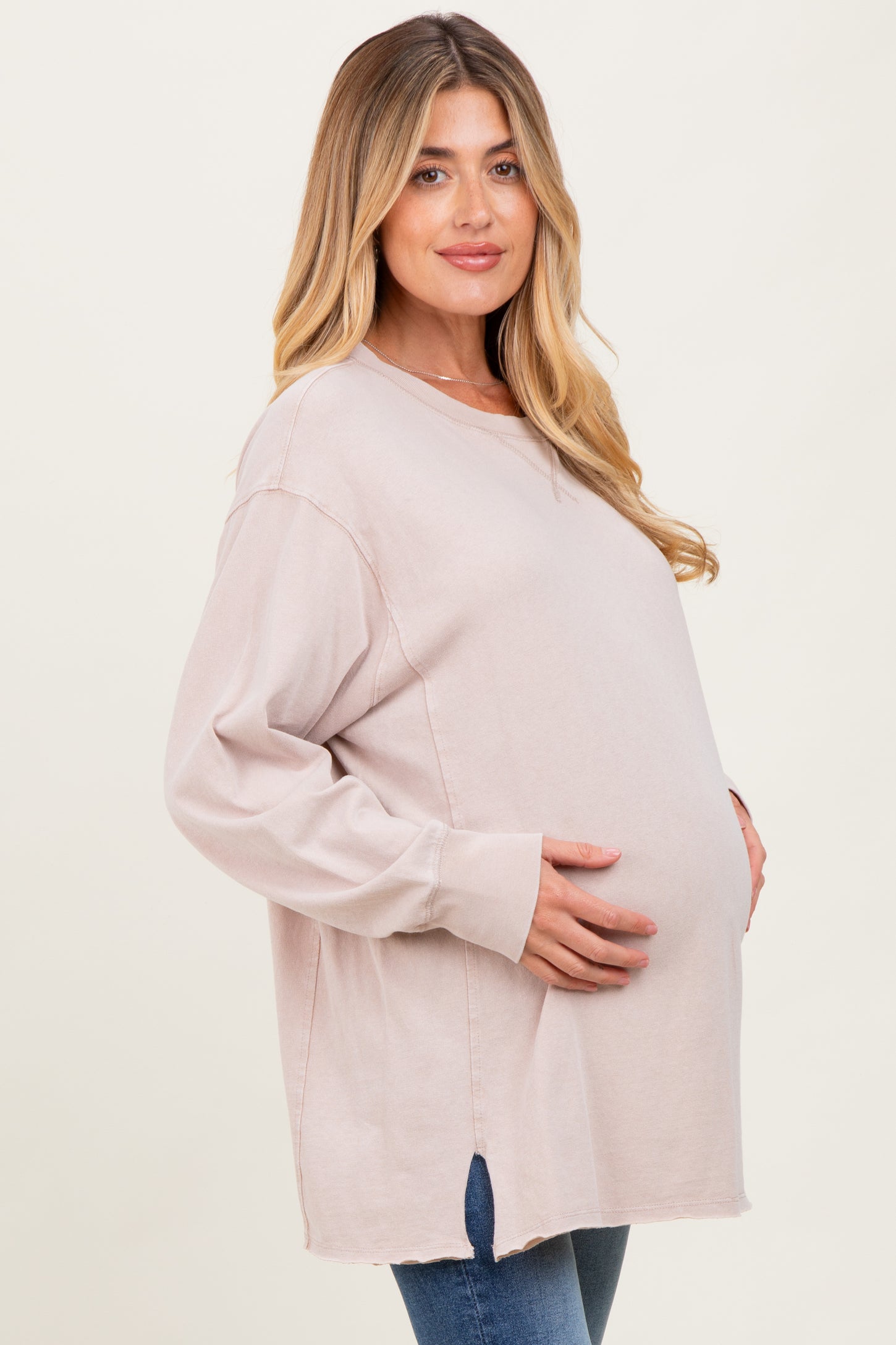 Beige Mineral Washed Drop Shoulder Long Sleeve Maternity Top