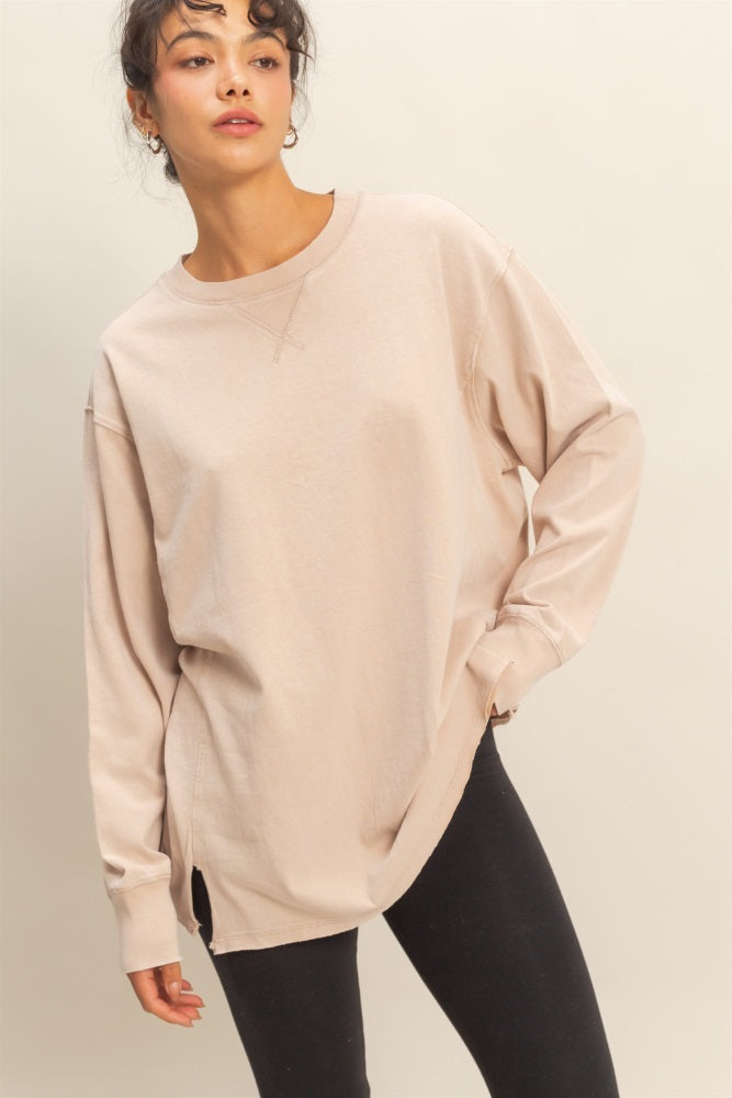 Beige Mineral Washed Drop Shoulder Long Sleeve Top