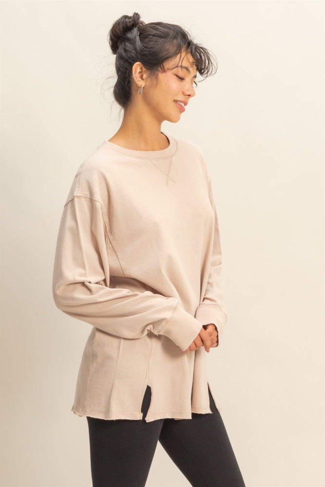 Beige Mineral Washed Drop Shoulder Long Sleeve Top