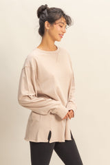 Beige Mineral Washed Drop Shoulder Long Sleeve Top