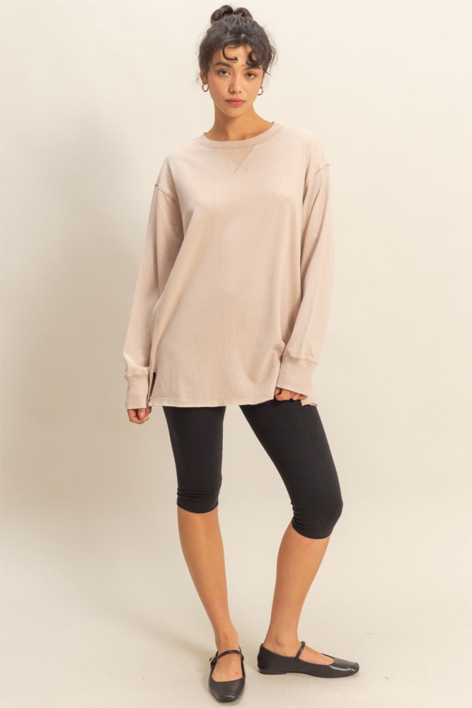 Beige Mineral Washed Drop Shoulder Long Sleeve Top