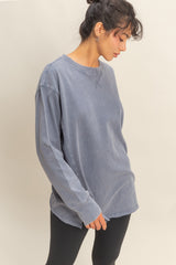 Navy Mineral Washed Drop Shoulder Long Sleeve Maternity Top