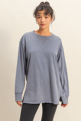 Navy Mineral Washed Drop Shoulder Long Sleeve Top