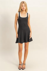 Black Sleeveless Ribbed Flare Dress