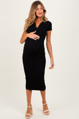Black Ribbed Knit Maternity Midi Polo Dress