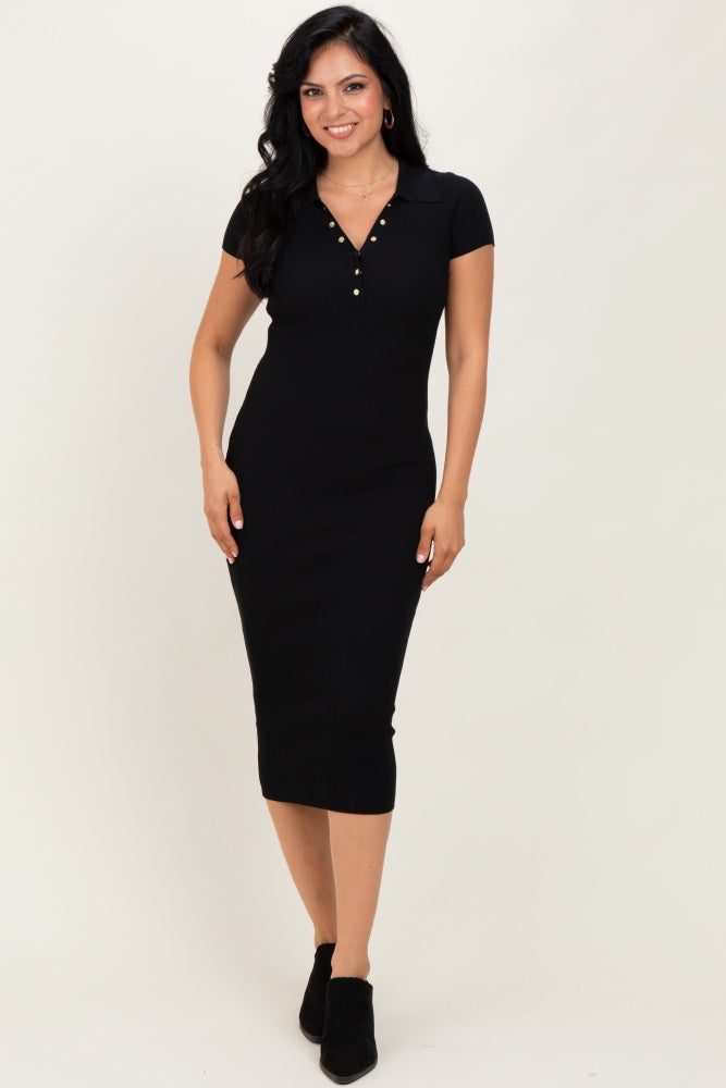 Black Ribbed Knit Midi Polo Dress