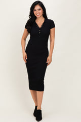 Black Ribbed Knit Midi Polo Dress