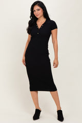 Black Ribbed Knit Midi Polo Dress