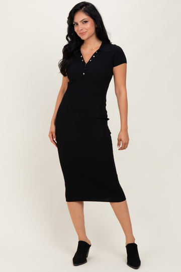 Black Ribbed Knit Midi Polo Dress