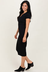 Black Ribbed Knit Midi Polo Dress