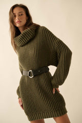 Olive Turtleneck Puff Sleeve Maternity Sweater Dress
