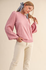Pink Ribbed Bubble Sleeve Maternity Knit Top