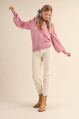 Pink Ribbed Bubble Sleeve Knit Top