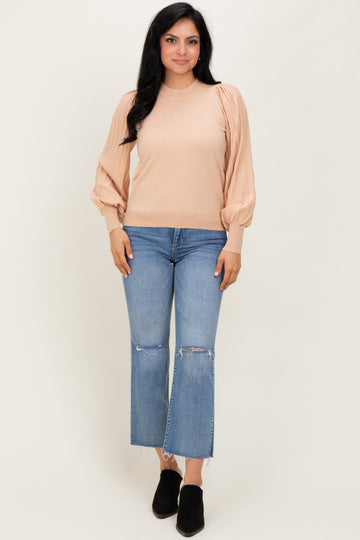 Beige Ribbed Bubble Sleeve Knit Top