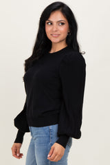 Black Ribbed Bubble Sleeve Knit Top