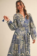 Blue Floral Patchwork Print Front Tie Midi Dress