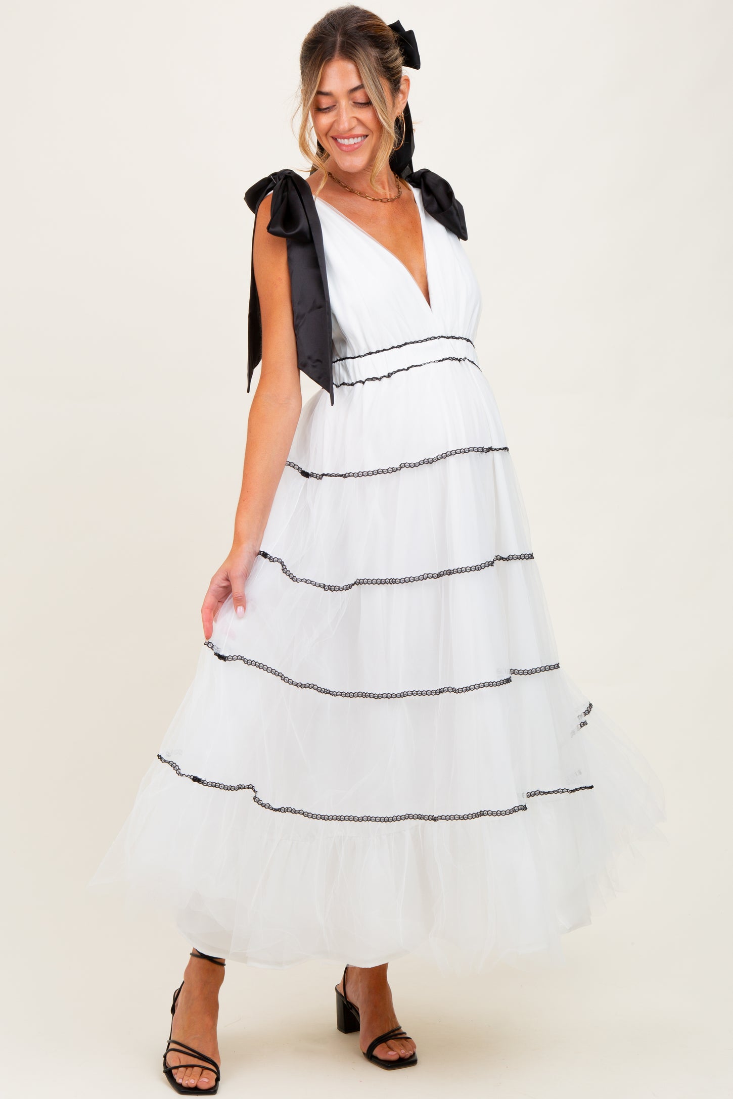 White Shoulder Bow Tie Lace Detail Tulle Maternity Midi Dress