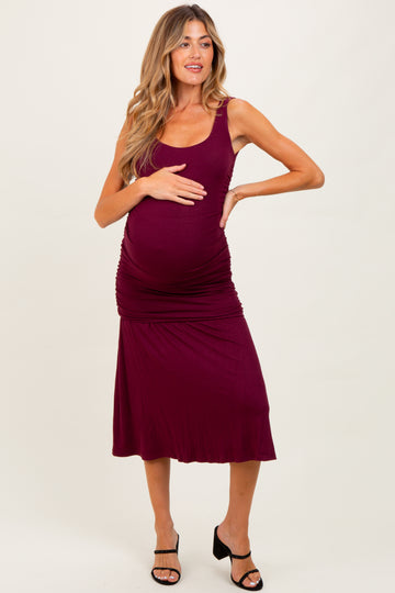 Burgundy Ruched Drop Waist Sleeveless Maternity Midi Dress