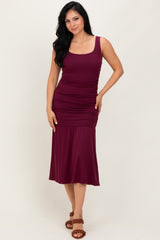 Burgundy Ruched Drop Waist Sleeveless Midi Dress