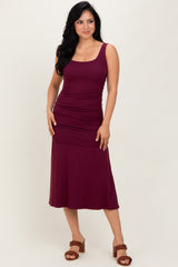 Burgundy Ruched Drop Waist Sleeveless Midi Dress