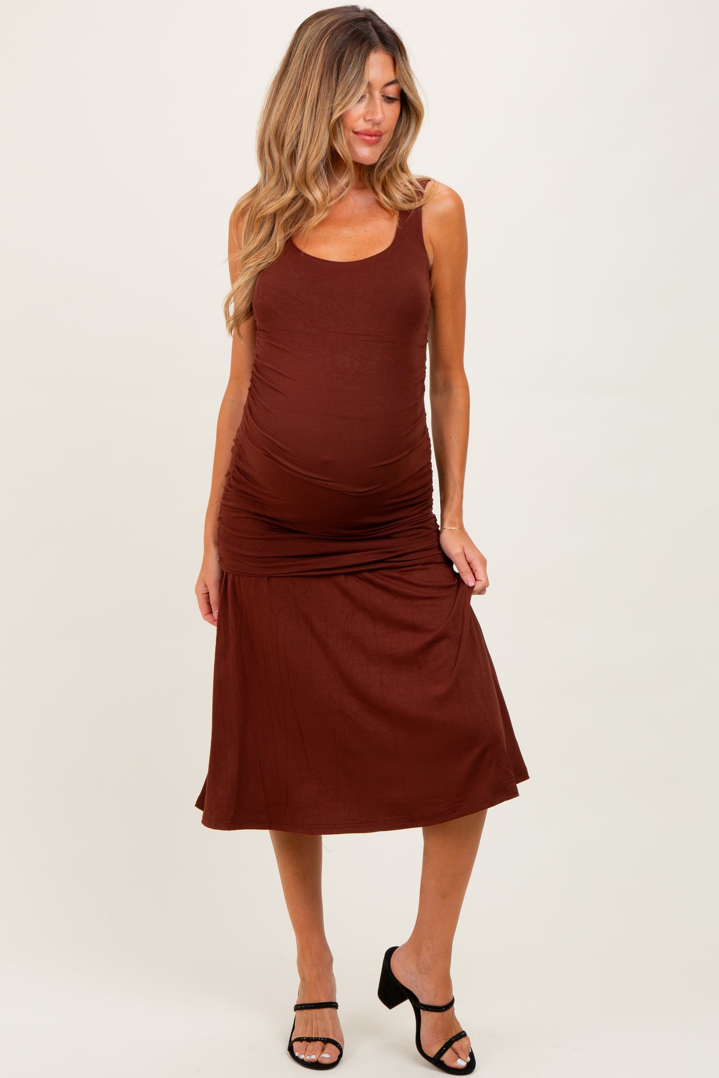 Brown Ruched Drop Waist Sleeveless Maternity Midi Dress