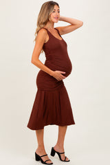 Brown Ruched Drop Waist Sleeveless Maternity Midi Dress