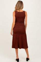 Brown Ruched Drop Waist Sleeveless Maternity Midi Dress