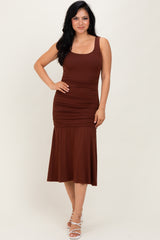 Brown Ruched Drop Waist Sleeveless Midi Dress