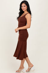 Brown Ruched Drop Waist Sleeveless Midi Dress