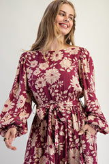 Burgundy Floral Striped Long Sleeve Maternity Midi Dress