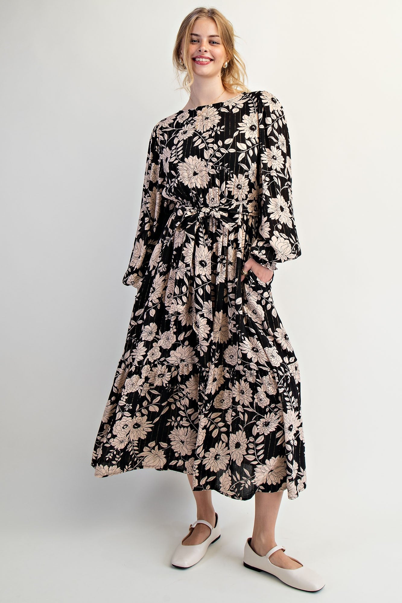 Black Floral Striped Long Sleeve Midi Dress