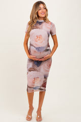 Light Pink Floral Mesh Short Sleeve Maternity Midi Dress