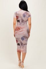 Light Pink Floral Mesh Short Sleeve Midi Dress