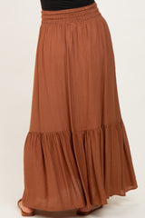 Mocha Smocked Waist Button Accent Maternity Maxi Skirt